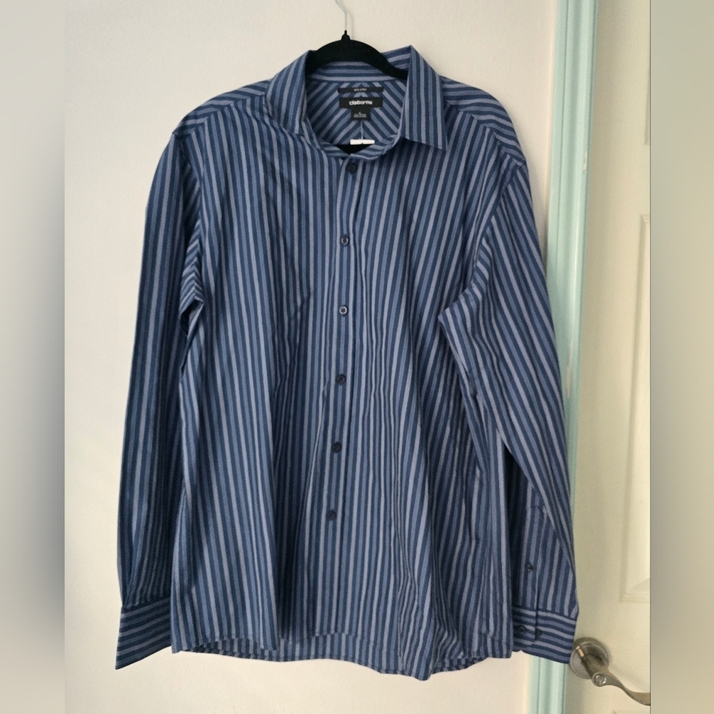 Claiborne Button Down Shirt Mens Blue Striped Long Sleeve 80s 2-Ply Size L